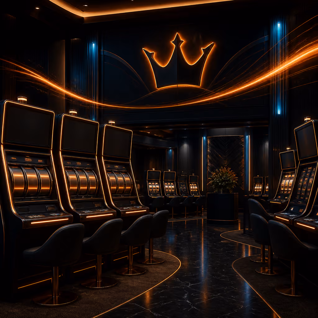 Goldrun slotlobby met abstracte gokkasten en donkere casinoverlichting